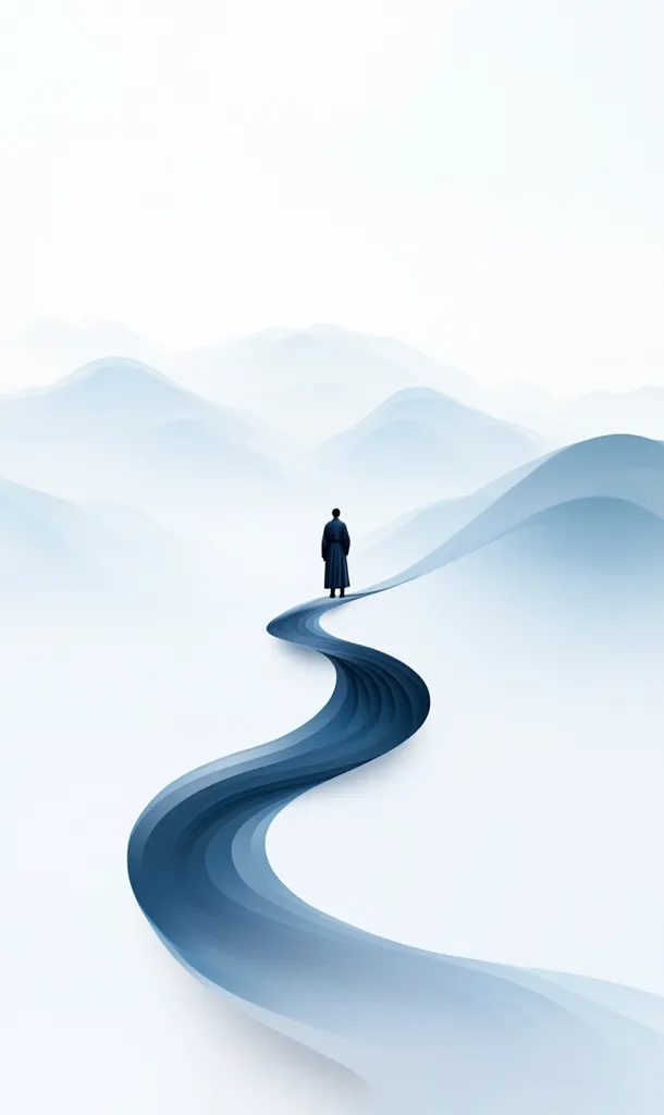 A lone figure, cloaked in dark blue, stands atop a gently curving, layered path that winds through a serene, misty landscape.  The mountains in the background are rendered in soft, pale blues, creating a calming and minimalist aesthetic. The overall impression is one of tranquility and contemplation, a journey into a peaceful and ethereal realm.