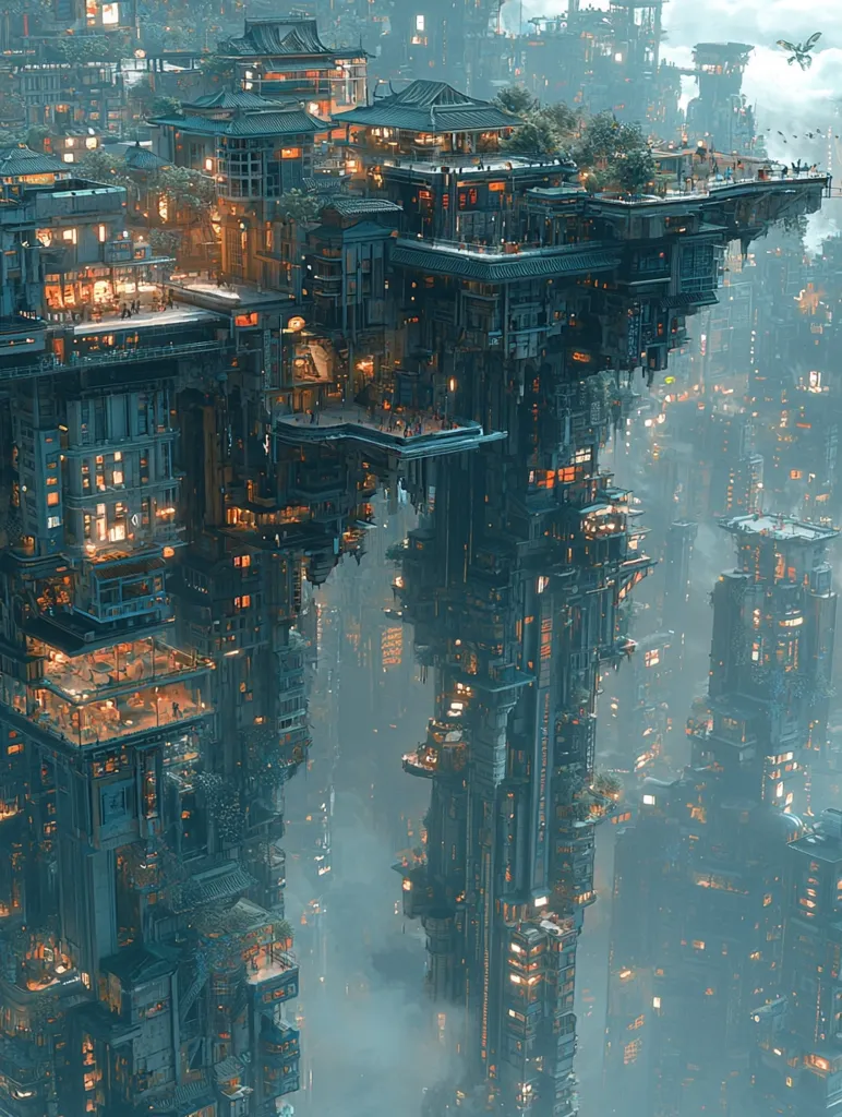 A breathtaking digital artwork depicts a futuristic, Asian-inspired city.  Buildings, intricately detailed and layered, rise in towering structures, connected by walkways and bridges.  Warm light emanates from windows, illuminating the densely populated cityscape.  Elements of traditional architecture blend seamlessly with advanced technology, creating a stunning, otherworldly metropolis shrouded in a misty atmosphere.
