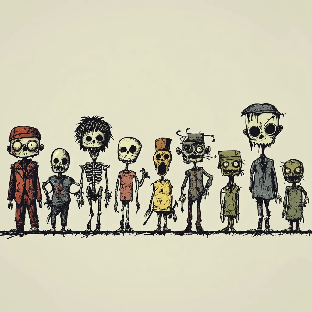 A whimsical illustration showcases a lineup of ten quirky, cartoonish zombie characters.  Each figure possesses a unique design, ranging from skeletal remains to decaying flesh, all with exaggerated features and varying attire. They stand in a row, creating a fun, slightly spooky, and creative scene.  The style is reminiscent of hand-drawn sketches, lending a rough texture and playful charm.