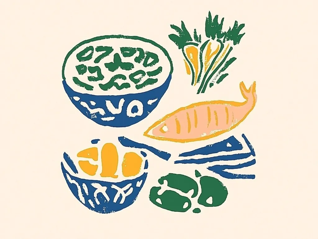 A stylized illustration depicts a vibrant meal.  Two bowls, one filled with green vegetables and the other with orange pieces, are the focal points.  A pink fish, green leafy vegetables, and dark green blobs, possibly olives or other vegetables, complete the arrangement. The style is reminiscent of linocut prints, with bold colors and simplified forms.  The overall feeling is one of freshness and simple wholesome food.