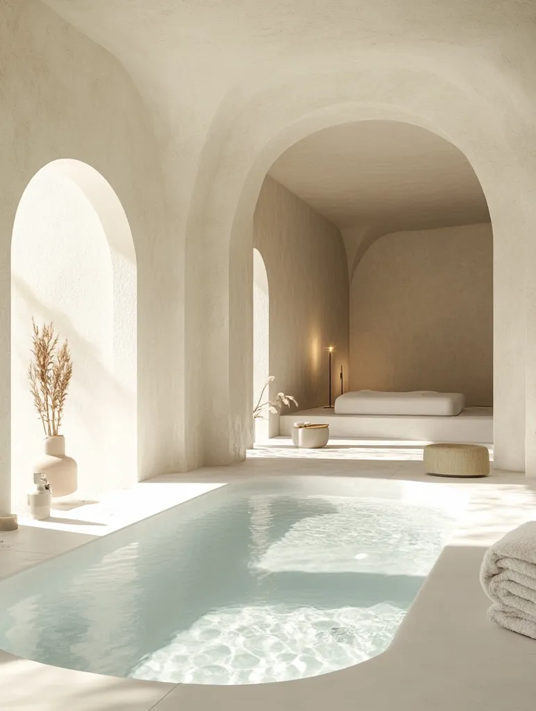 A serene indoor space features a built-in plunge pool, bathed in soft, natural light filtering through arched doorways.  The minimalist design emphasizes neutral beige tones and smooth, curved walls.  A simple platform bed and minimal decor complete the tranquil atmosphere, creating a spa-like sanctuary.  The overall aesthetic is calm and inviting.