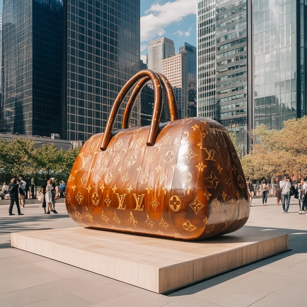 A colossal Louis Vuitton handbag sculpture dominates a city plaza.  The oversized bag, bearing the iconic monogram pattern, rests on a light-colored platform.  Tall skyscrapers form a striking backdrop, contrasting the scale of the artwork with the urban environment.  People stroll in the background, providing a sense of scale and perspective. The scene is bathed in bright sunlight.