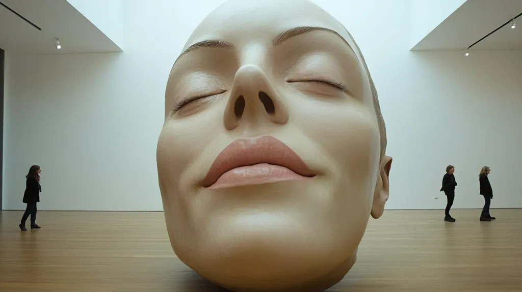 A colossal sculpture of a serene woman's face dominates a minimalist art gallery.  Her eyes are closed, and her expression is peaceful.  Three figures, small in comparison to the artwork, are positioned in the background, providing a sense of scale and emphasizing the sculpture's immense size. The gallery's clean lines and wooden floors complement the artwork's smooth, pale skin tones.