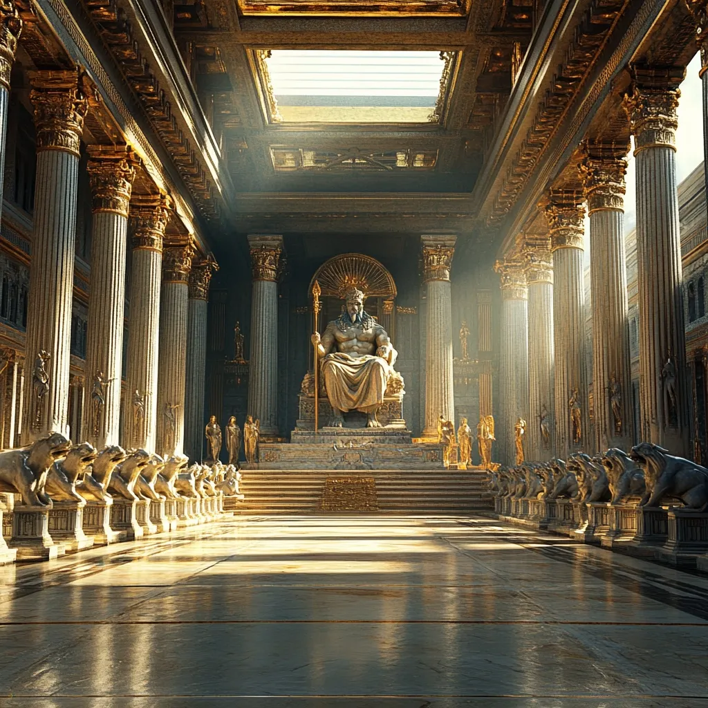 A majestic hall, reminiscent of ancient Greek architecture, is bathed in sunlight streaming through a skylight.  A colossal golden statue of Zeus, seated on a throne and wielding a trident, dominates the scene.  Rows of smaller statues line either side of a grand staircase leading to the throne.  The hall's pillars are adorned with gold accents, creating an atmosphere of divine grandeur and power.