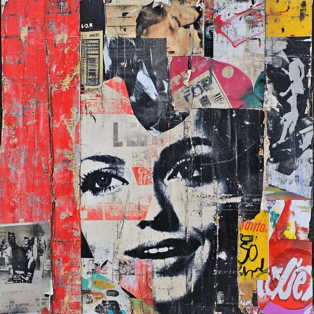 A vibrant collage dominates the image, featuring a woman's face as its central element.  Layered over a textured, red background, the portrait is fragmented, built from snippets of other advertisements and posters.  The overall effect is a chaotic yet striking mix of color and texture, suggesting themes of urban decay and the layering of time and memory.  The style is reminiscent of street art or mixed-media collage.
