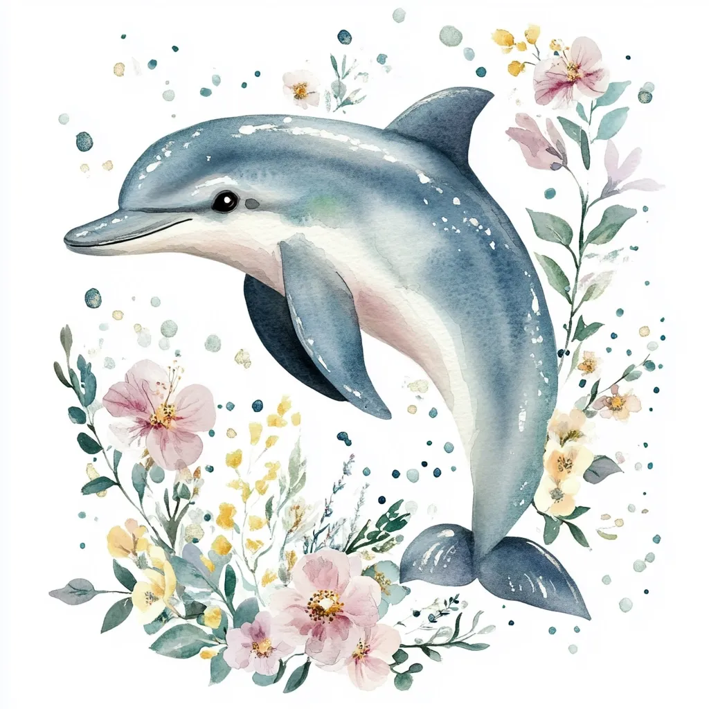 A watercolor painting depicts a dolphin leaping gracefully amidst a vibrant floral arrangement.  Pastel-colored flowers, including roses and smaller blossoms in shades of pink, yellow, and cream, surround the dolphin.  Delicate leaves and stems create a wreath-like effect, enhancing the whimsical and serene atmosphere.  The dolphin's smooth, painted form contrasts beautifully with the detailed floral elements.