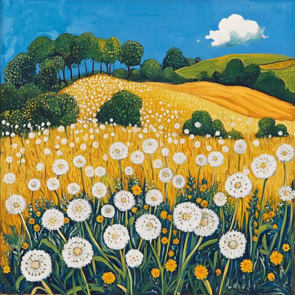 A vibrant painting depicts a sun-drenched field brimming with fluffy white dandelion clocks.  The foreground is a profusion of dandelions against a backdrop of golden-yellow wheat, leading to a gently rolling hill dotted with lush green trees under a bright blue sky, punctuated by a single white cloud. The style is impressionistic, with bold brushstrokes conveying a cheerful, summery scene.