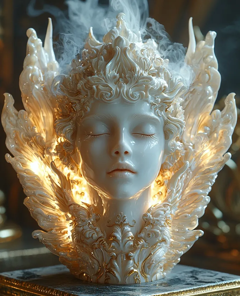 A meticulously crafted porcelain bust depicts a serene woman with eyes closed, adorned with intricate, gilded, wing-like embellishments.  Subtle smoke and internal lighting emanate from within the sculpture, creating a mystical and ethereal ambiance. The detailed craftsmanship and elegant design highlight a blend of classic and fantastical elements.  The overall effect is one of peaceful beauty and otherworldly charm.