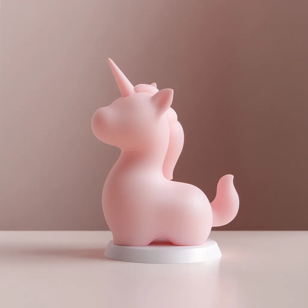A pale pink unicorn figurine sits on a white base against a muted pink background.  The unicorn is stylized with a smooth, rounded form, and its horn points upwards.  The overall aesthetic is minimalist and charming, suitable for a child's room or decorative display. The soft lighting enhances the figurine's delicate features.