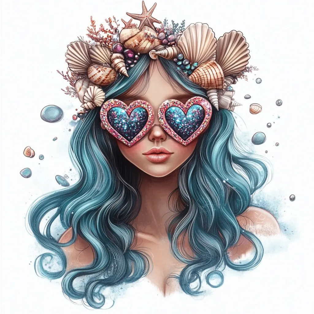 A digital illustration of a woman with long, flowing teal hair. She wears a crown of seashells and starfish, and heart-shaped sunglasses with glitter. The style is whimsical and ethereal, with soft shading and a watercolor-like background featuring scattered bubbles and pebbles, evoking an underwater scene. Her expression is serene and captivating.