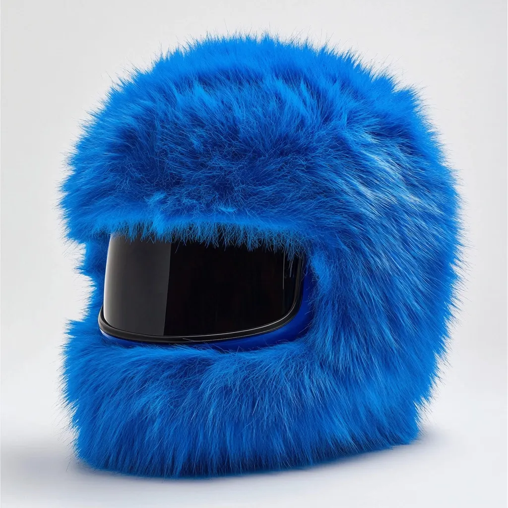 A bright blue motorcycle helmet is completely covered in long, fluffy fur of the same color.  The fur obscures all but the dark visor of the helmet. The overall effect is a whimsical, almost cartoonish, appearance. The helmet sits on a plain white background.
