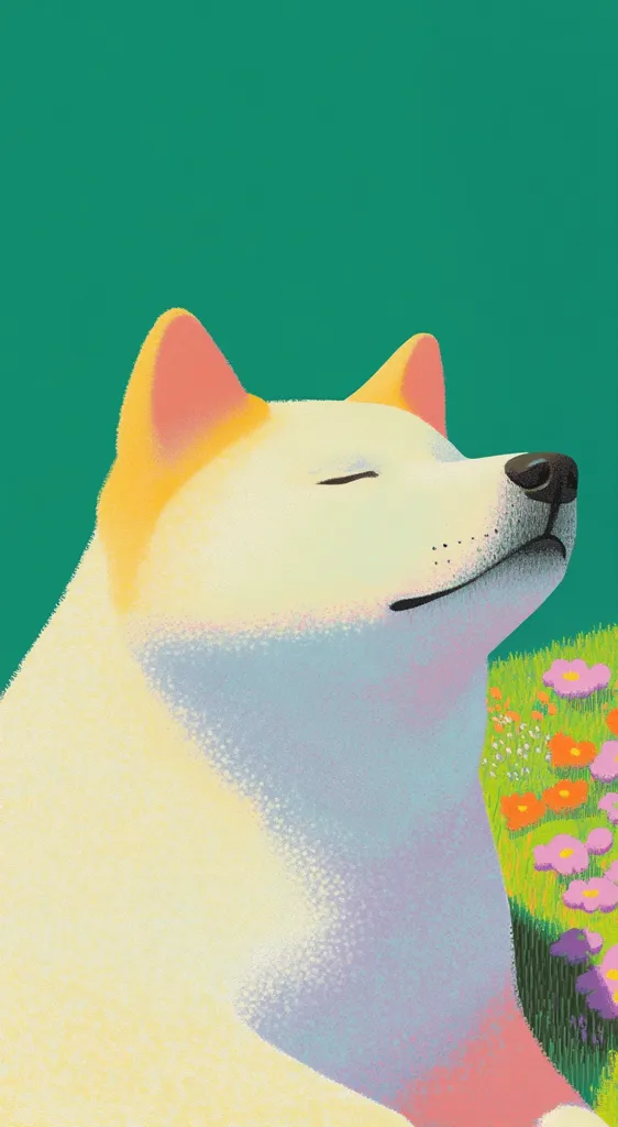 A stylized illustration of a cream-colored Akita dog, its eyes closed in contentment.  The dog is positioned against a vibrant green background, partially obscured by a patch of colorful wildflowers in shades of orange, pink, and purple. The artistic style uses soft, pastel colors and a textured effect, giving a calm and peaceful mood.