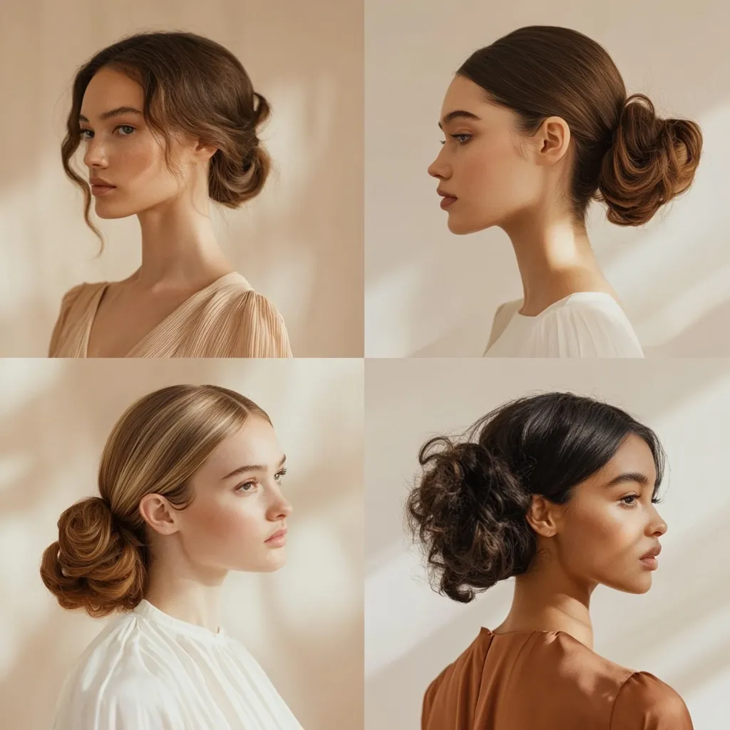 Four women with different hair colors and styles showcase elegant low buns.  Each woman is in profile, showing off their makeup and simple, neutral-toned clothing. The images are softly lit, creating a sophisticated and minimalist aesthetic.  The hairstyles are loose and slightly messy, giving a romantic yet modern feel.