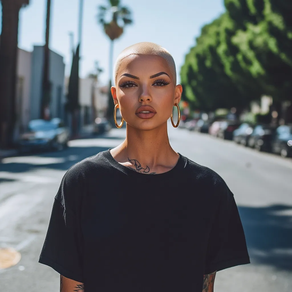 A young woman with a shaved head and a subtle chest tattoo stands on a city street. She wears a plain black t-shirt and large gold hoop earrings.  Her makeup is clean and sharp, emphasizing her strong features. The background is slightly blurred, showcasing parked cars and leafy trees under a bright sun.  The overall impression is one of confident simplicity.