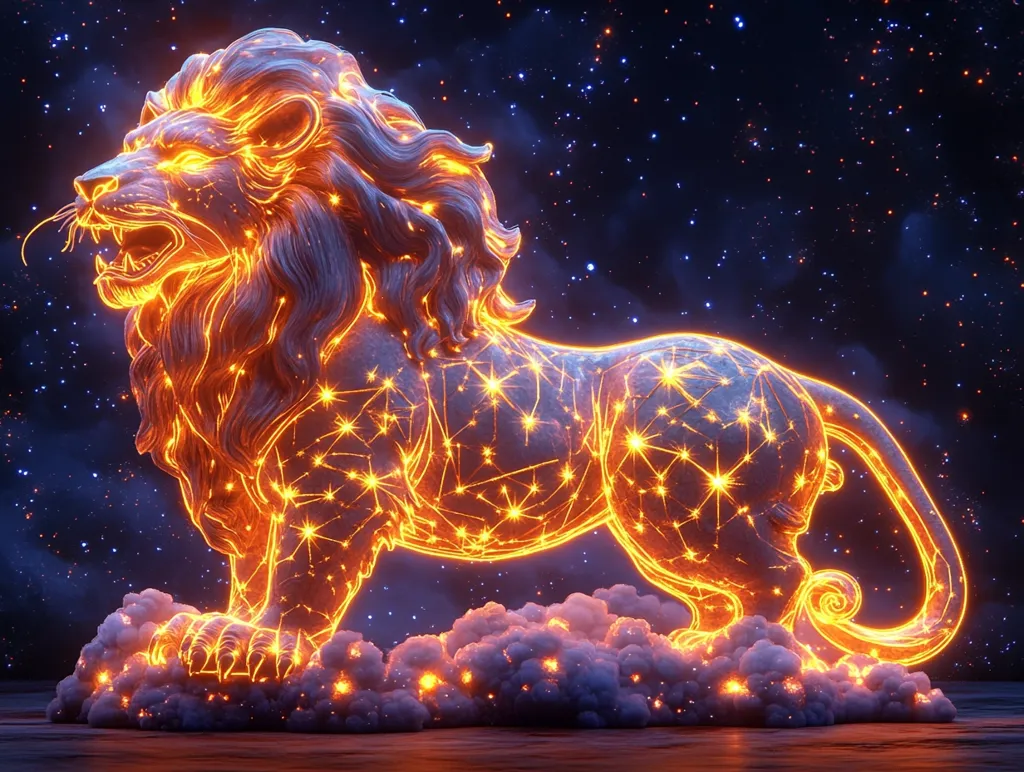 A majestic lion statue, rendered in a 3D digital artwork, glows with an ethereal, fiery orange light.  Intricate lines of light resemble constellations, connecting across the stone-like surface.  The lion stands proudly on a cloud-like base against a dark, starry night sky, creating a mystical and powerful image.