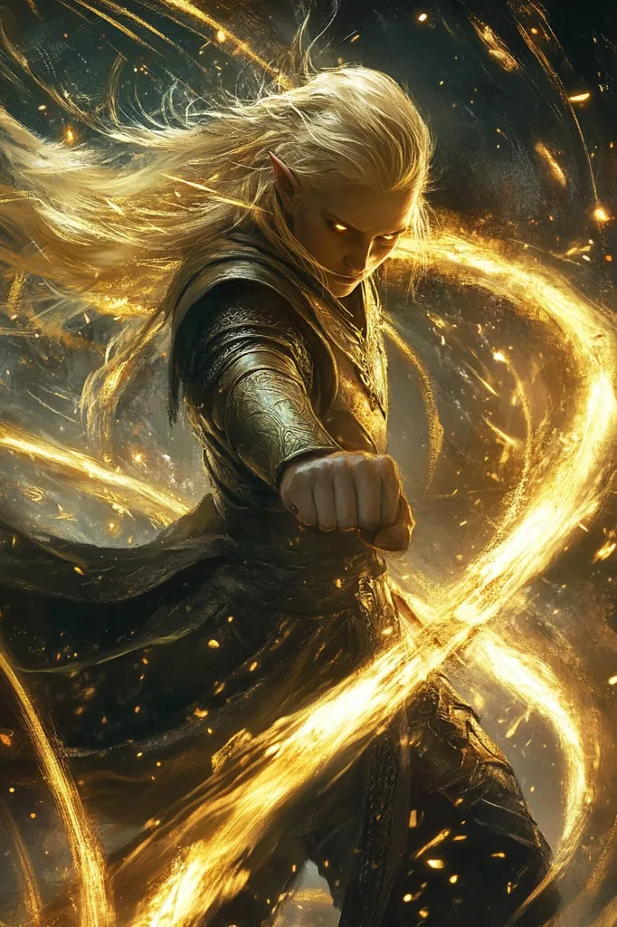 A striking digital painting depicts a fair-skinned elf with long, flowing blond hair.  He's clad in dark, ornate clothing and golden armor, his fist clenched as if in mid-action.  Surrounding him are swirling streaks of luminous gold energy, creating a dynamic and powerful image.  The elf's intense gaze adds to the overall feeling of magical might and determination.