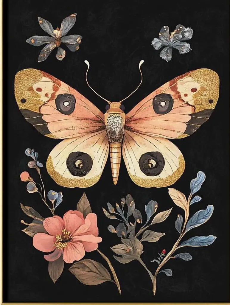 A large, intricately detailed moth takes center stage against a black backdrop.  Its wings are a soft peach with gold accents and dark markings.  Surrounding the moth are various stylized floral elements in muted blues, purples, and a single, prominent peach blossom. The overall aesthetic is dark, romantic, and evocative of botanical illustrations. The gold accents add a touch of luxury.