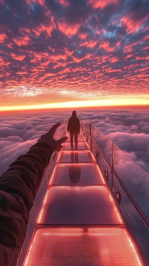 A person walks away on a glass walkway high above a sea of clouds, bathed in the fiery glow of a vibrant sunset.  A hand reaches out from the foreground, towards the figure.  The walkway is illuminated with red LED lights, creating a dramatic and surreal scene. The sky is a breathtaking canvas of pink, orange, and red hues.