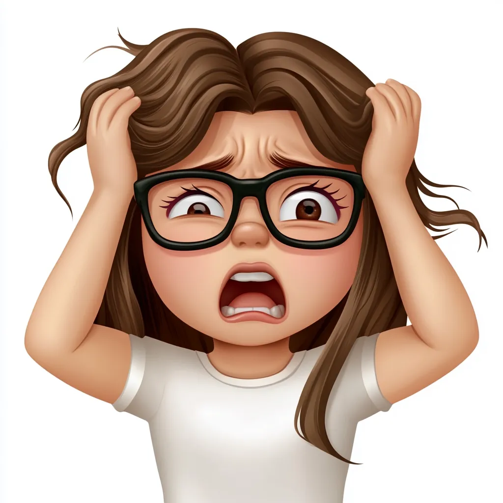 A cartoon girl with brown hair and glasses is shown in a state of panic.  Her mouth is open in a scream, and her hands are gripping her head. Her expression is one of distress and overwhelming anxiety.  The image is rendered in a vibrant, 3D-like style against a white background.