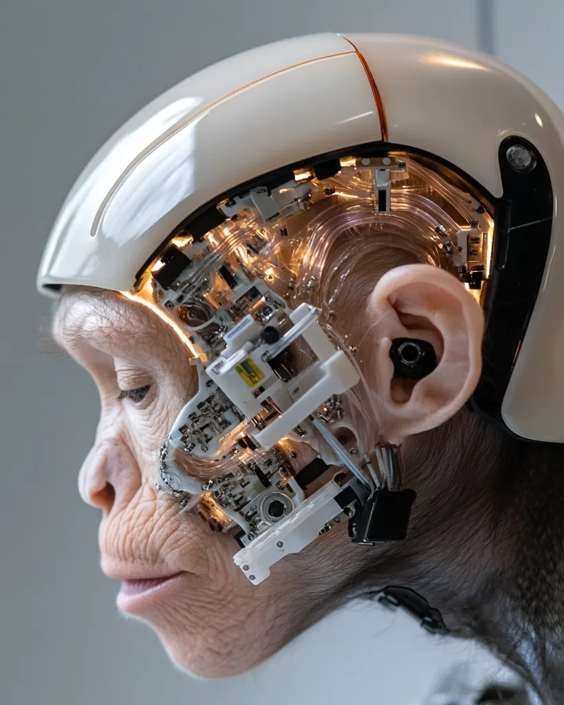 The image shows a close-up profile view of a chimpanzee's head, partially integrated with a complex, glowing technological device.  A cream-colored helmet-like structure encases the device, which appears to be embedded within the chimpanzee's skull, with wires and circuits visible. The lighting illuminates the intricate internal workings, creating a striking contrast between organic and artificial elements. The chimpanzee's expression is serene, yet the overall image evokes a sense of futuristic bio-engineering.