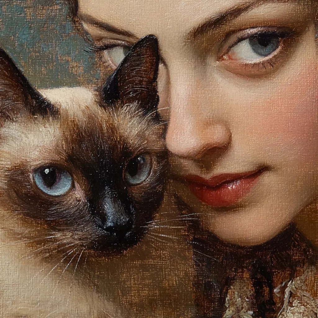 A close-up oil painting depicts a young woman with fair skin and dark hair, her gaze directed slightly away. A Siamese cat with striking blue eyes rests against her shoulder, its dark fur contrasting with the woman’s light complexion. The painting is rendered with meticulous detail, showcasing the textures of both the cat's fur and the woman's skin. The overall mood is intimate and serene, emphasizing the bond between the woman and her pet. The artist's masterful use of light and shadow creates depth and realism.