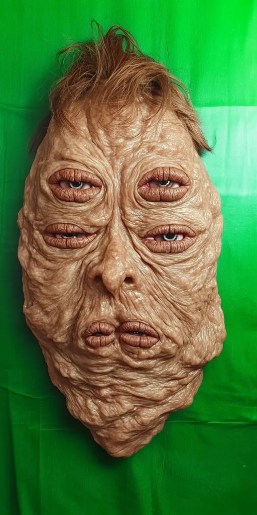 A grotesque, sculpted face with three sets of eyes and lips is presented against a green backdrop.  The skin texture is deeply wrinkled and uneven, creating a disturbingly realistic effect. The hair is reddish-brown and tousled. The overall impression is one of horror and uncanny realism.