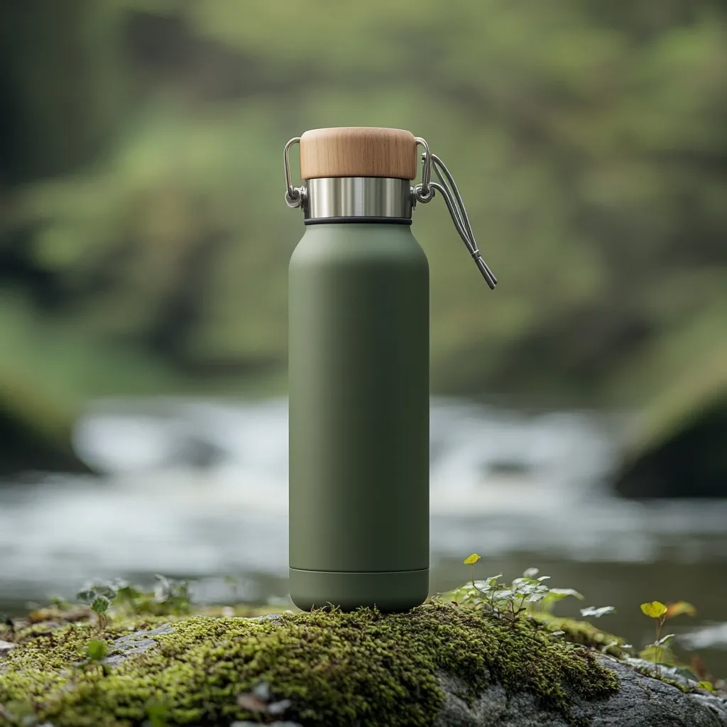 A matte olive-green water bottle with a bamboo lid and silver accents rests on a mossy rock beside a gently flowing stream.  The blurred background showcases lush green foliage, creating a serene and natural setting. The bottle appears to be made of metal and is designed for outdoor use.