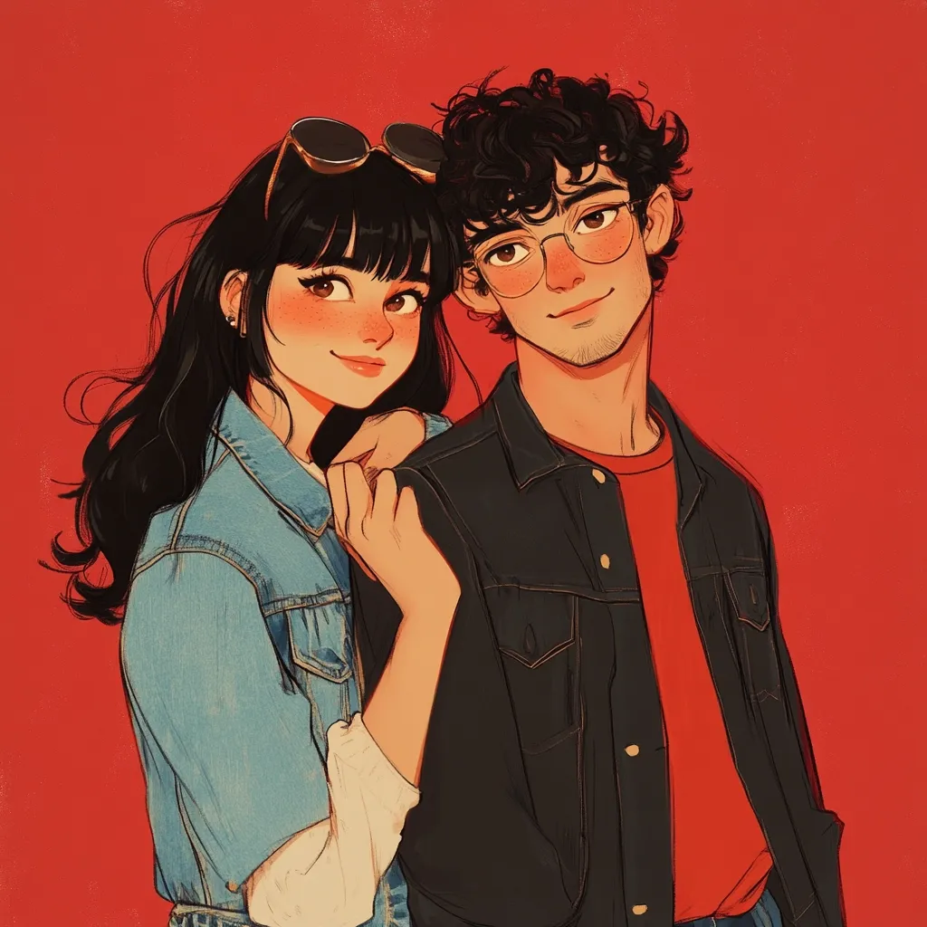 A stylized illustration depicts a young couple against a vibrant red backdrop. The woman, with long black hair and a light denim jacket, rests her hand affectionately on the man's shoulder. He sports curly dark hair, round glasses, and a dark denim jacket over a red shirt.  Their expressions are soft and tender, conveying a sense of intimacy and youthful romance. The art style is reminiscent of contemporary digital illustration, featuring smooth lines and warm, saturated colors.