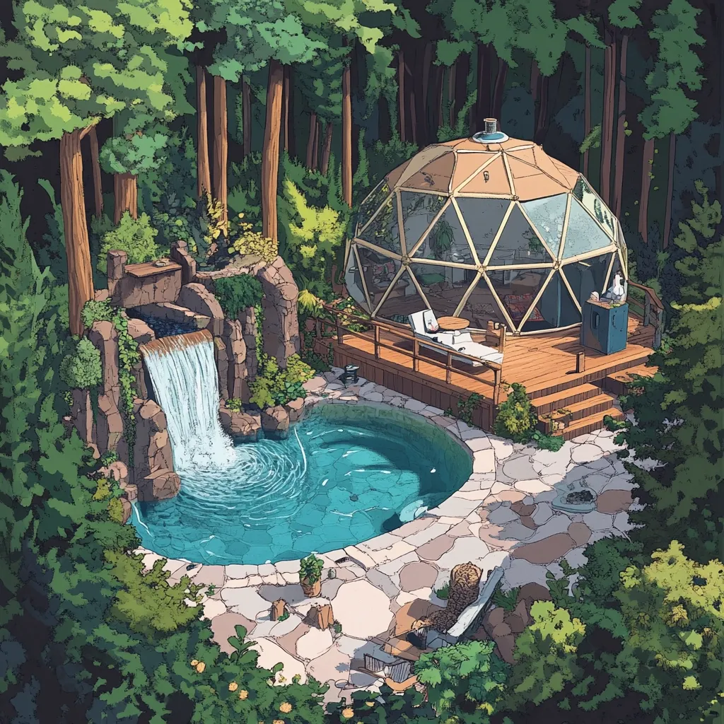A serene illustration depicts a geodesic dome home nestled in a lush forest.  A wooden deck extends from the dome, overlooking a tranquil pool fed by a charming waterfall cascading down a rock formation.  The surrounding landscape is vibrant with greenery, creating a peaceful and secluded retreat.  Lounge chairs are placed near the pool, suggesting relaxation and enjoyment of the idyllic setting.