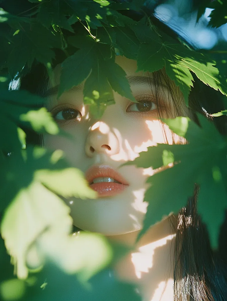 A young woman's face is partially obscured by vibrant green leaves, creating a dreamy, ethereal effect.  Sunlight filters through the foliage, illuminating her delicate features.  Her eyes, partially hidden, are soft and captivating. The overall image evokes a sense of peace and natural beauty.