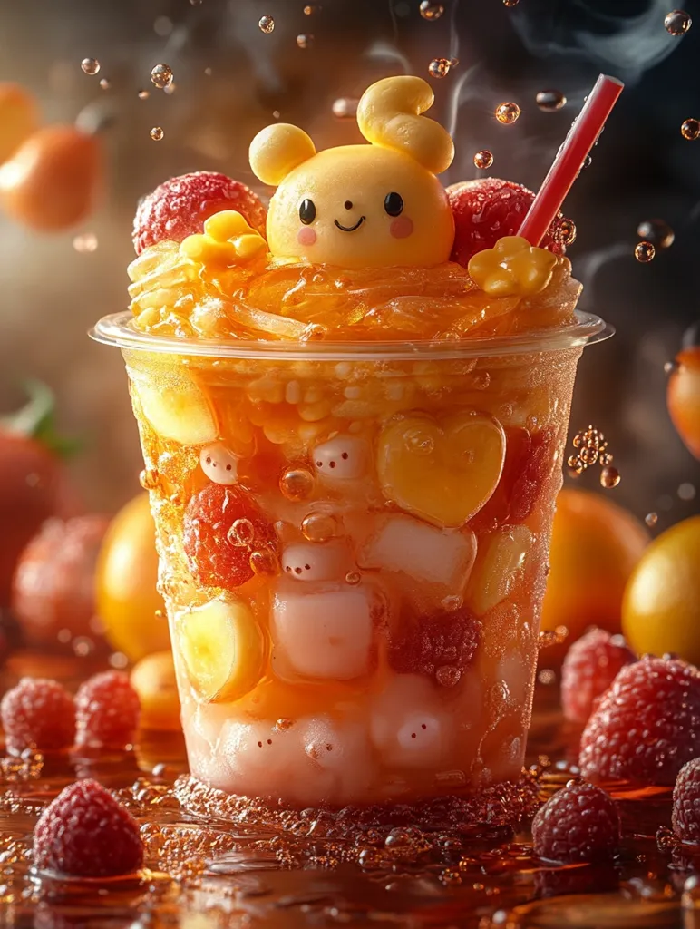 A whimsical beverage is captured, brimming with an array of fruits and cute, cartoonish bear-shaped treats.  The drink, a vibrant orange hue, appears to be a fruit tea or juice, filled with raspberries, orange segments, and possibly tapioca pearls.  A cheerful, yellow bear-shaped confection is nestled at the top, adding a playful touch. The entire scene is dynamic, with droplets of liquid suggesting freshness and effervescence.