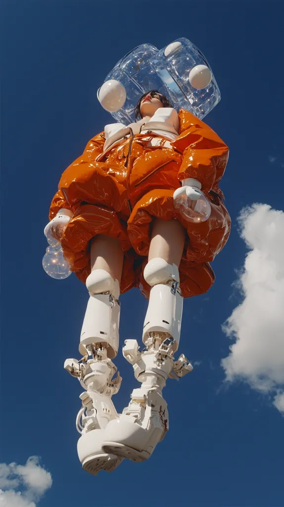 A low-angle shot depicts a model wearing a futuristic outfit against a bright blue sky. The ensemble features a vibrant orange, shiny puffer jacket,  white robotic-style leg extensions, and a transparent headpiece adorned with spherical elements. The model looks upward, creating a striking visual contrast against the clouds. The overall impression is one of avant-garde fashion and science fiction.