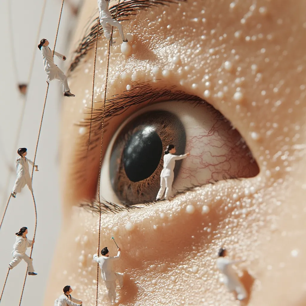 A close-up of a giant eye, where miniature figures in white outfits are scaling the skin's surface using ropes. Some are working on the iris, while others appear to be cleaning or repairing the skin's texture. The image's surreal scale emphasizes the detail of the eye and skin, creating a striking visual contrast.