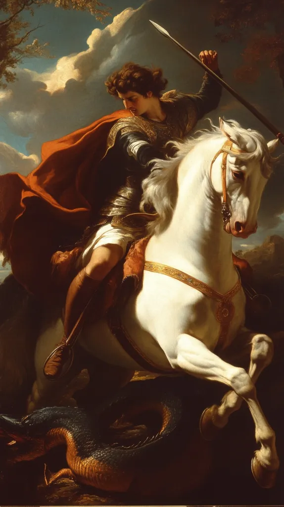 A dramatic Baroque painting depicts a knight on a white steed, valiantly spearing a large serpent. The knight, clad in armor and a flowing red cape, displays determination.  His mount is powerfully rendered, its muscles taut. The dark, scaled serpent writhes beneath them, creating a stark contrast against the light horse and vibrant colors of the knight's attire. The sky is dramatic, filled with swirling clouds, enhancing the scene's intensity.