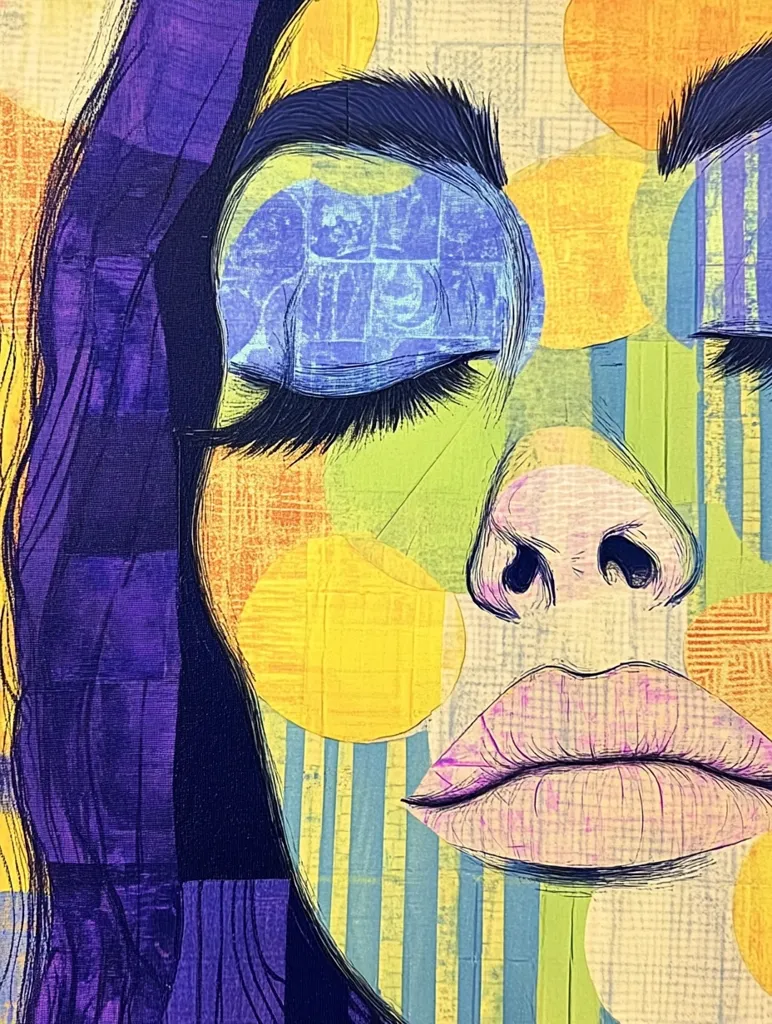A close-up abstract portrait of a woman's face.  Her eyes are closed, and her lips are full.  The artwork is composed of bold, vibrant colors—primarily purples, yellows, and greens—applied in a collage-like style with textured blocks and circular shapes.  The artist uses linework to define features, creating a striking contrast between the graphic elements and the softer, almost dreamy expression of the subject.