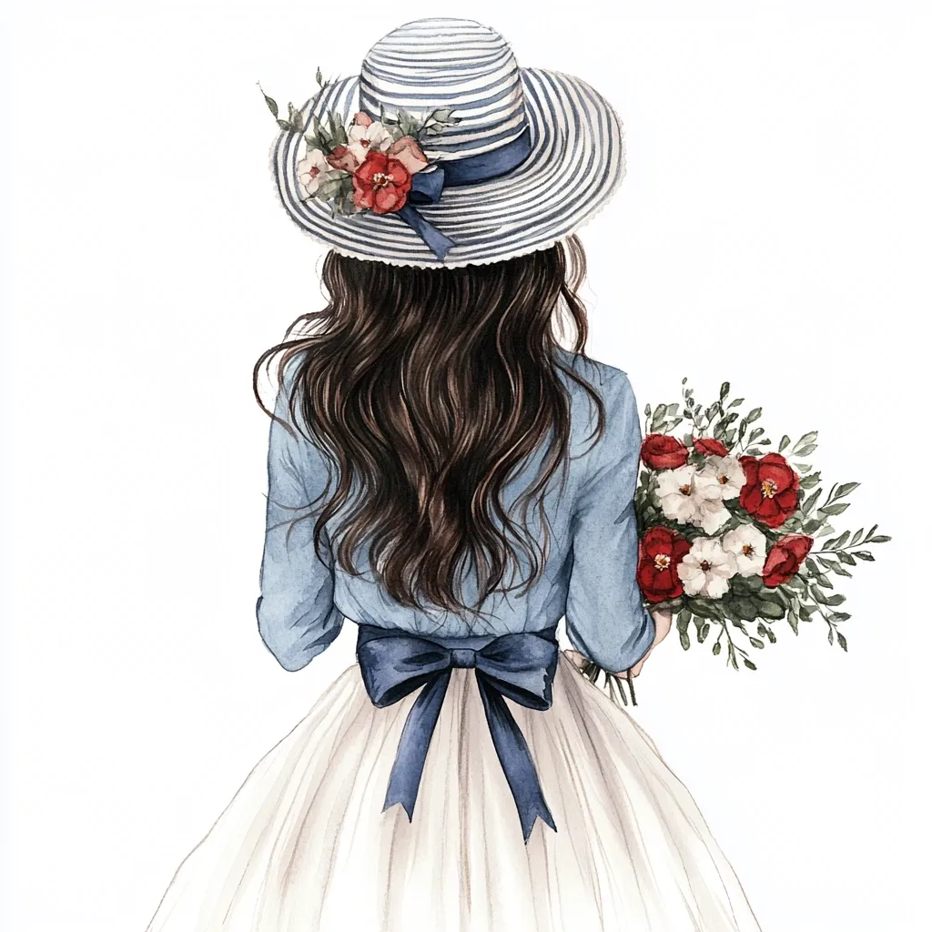 A watercolor illustration of a woman from behind, wearing a blue and white striped sunhat adorned with flowers, a light blue denim shirt, a flowing white tulle skirt tied with a navy blue bow, and carrying a bouquet of red and white flowers.  Her long dark brown hair cascades down her back. The style is elegant and feminine.