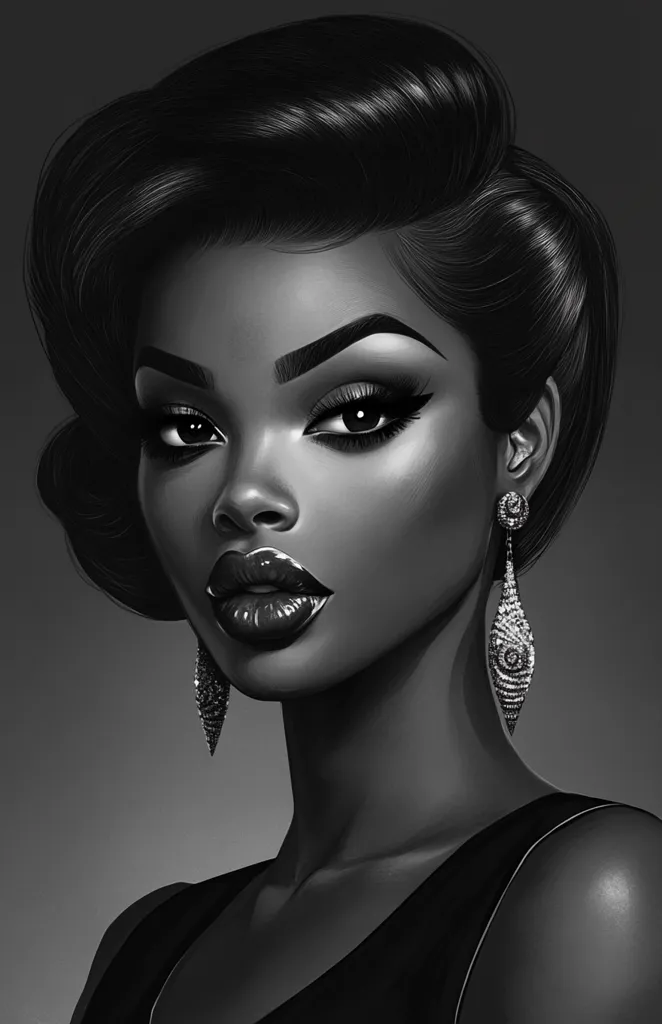 A black and white illustration of a glamorous Black woman. She has styled dark hair, dramatic makeup, and long, dangling earrings. Her expression is serious and confident.  The image is rendered in a style that suggests a vintage photograph or painting, emphasizing her beauty and elegance.  The background is a muted gray, focusing attention solely on the subject.