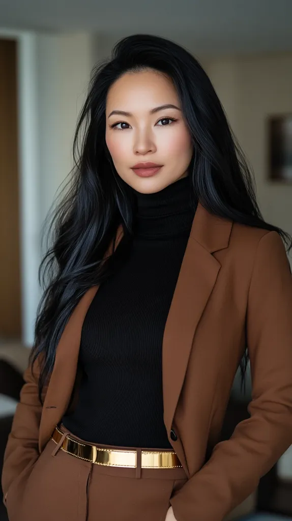 A young woman with long black hair is professionally dressed in a brown blazer, black turtleneck, and gold belt.  She has dark eyes and subtly applied makeup, giving a sophisticated and confident appearance. The setting appears to be a modern, well-lit interior. Her expression is serious and direct, engaging the viewer.