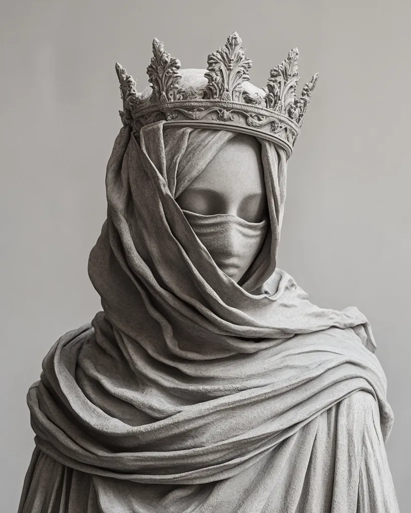 A monochrome statue depicts a crowned figure draped in voluminous fabric obscuring the face, leaving only a glimpse of eyes and a mask-like covering. The intricate crown contrasts with the flowing, textured robe, creating a sense of regal mystery and quiet dignity.  The grayscale palette emphasizes the sculptural form and the play of light and shadow across the folds of the garment.