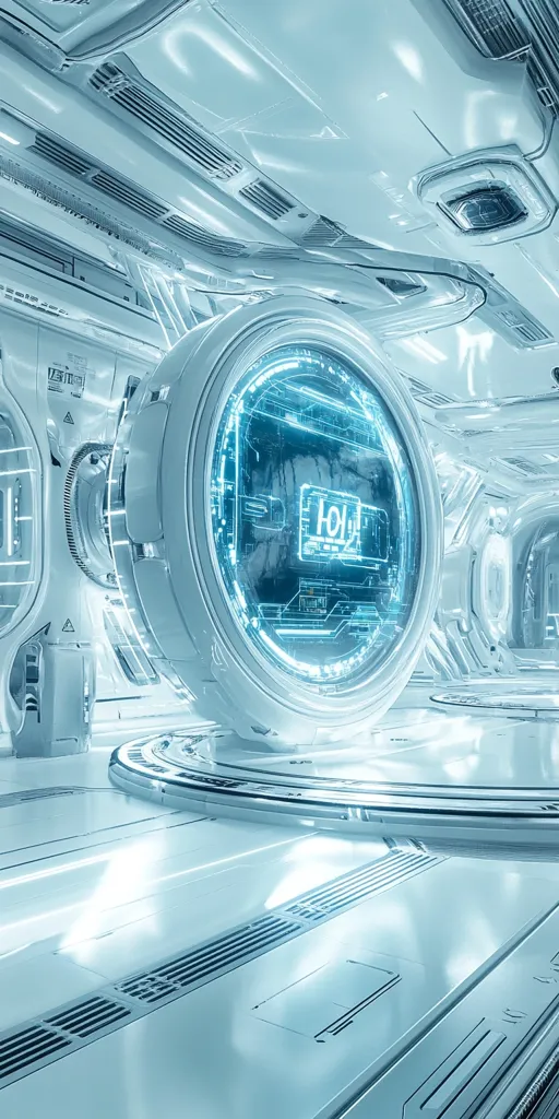 A futuristic, sterile white corridor features a central, rotating, translucent circular device.  The device displays glowing blue circuitry and data, creating a technological and science fiction aesthetic.  The clean lines and smooth surfaces of the corridor emphasize a sense of advanced technology and minimalist design.  The overall scene suggests a spacecraft interior or a high-tech laboratory.