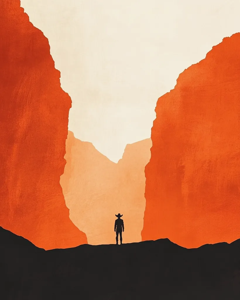 A lone cowboy silhouette stands between two towering, burnt-orange canyon walls.  The minimalist artwork uses a muted color palette, emphasizing the vastness and isolation of the desert landscape.  The cowboy's posture suggests contemplation or a journey's end. The scene evokes a sense of the American West and classic Western imagery.