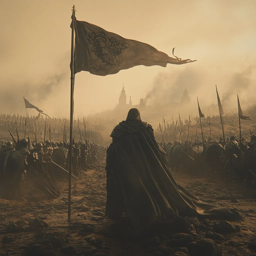 A lone figure, cloaked and hooded, walks away from a vast army arrayed before a distant city shrouded in mist.  The figure's back is to the viewer, emphasizing their solitude. A dark flag with a dragon emblem stands prominently, suggesting allegiance or a looming battle. The scene evokes a sense of epic scale and impending conflict. The muted colors and atmospheric haze create a dramatic and melancholic mood.