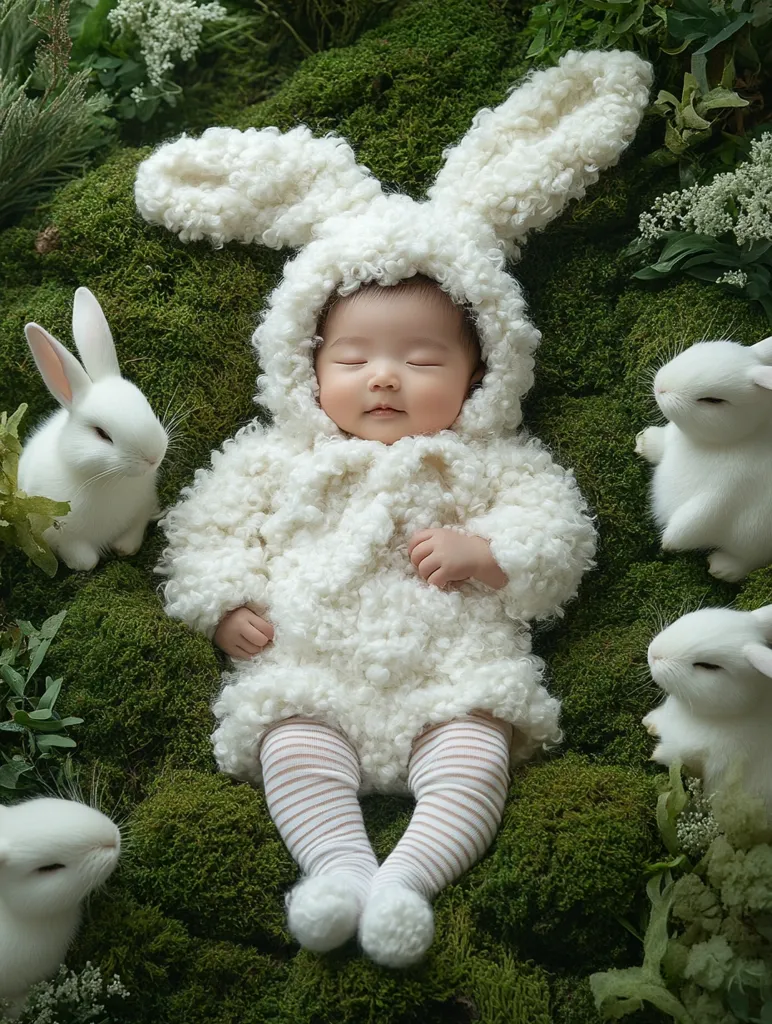 A sleeping baby, dressed in a fluffy white bunny costume, lies nestled in a bed of moss.  Surrounding the baby are several white rabbits, creating a charming and peaceful scene. The baby's outfit and the soft moss contribute to the overall gentleness of the image.  The striped leg warmers add a touch of detail to the adorable ensemble.