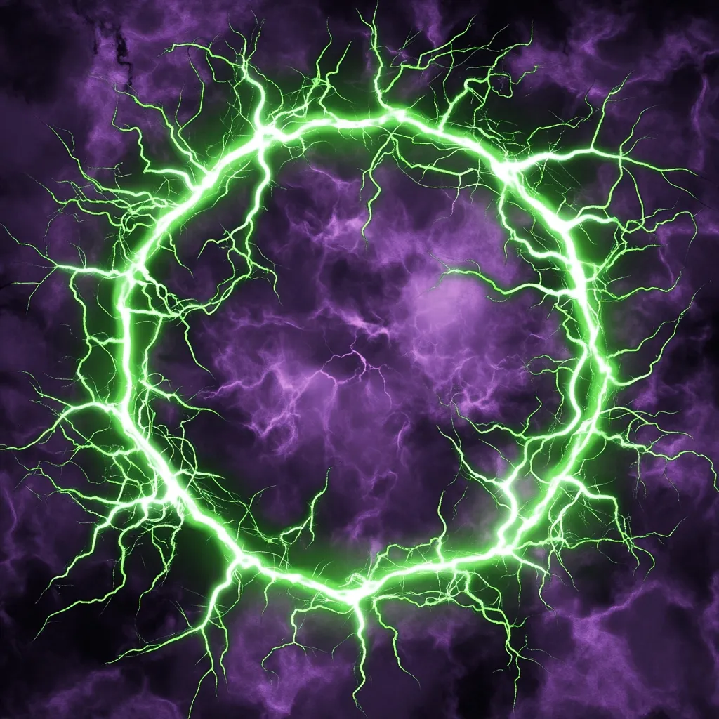 A vibrant, stylized image depicts a circular ring of bright green lightning against a backdrop of swirling purple clouds.  The lightning bolts branch out from the main ring, creating a dynamic and energetic composition. The contrast between the cool green and warm purple creates a visually striking effect, suggesting power and intensity.  The overall impression is one of electrifying energy contained within a circular form.