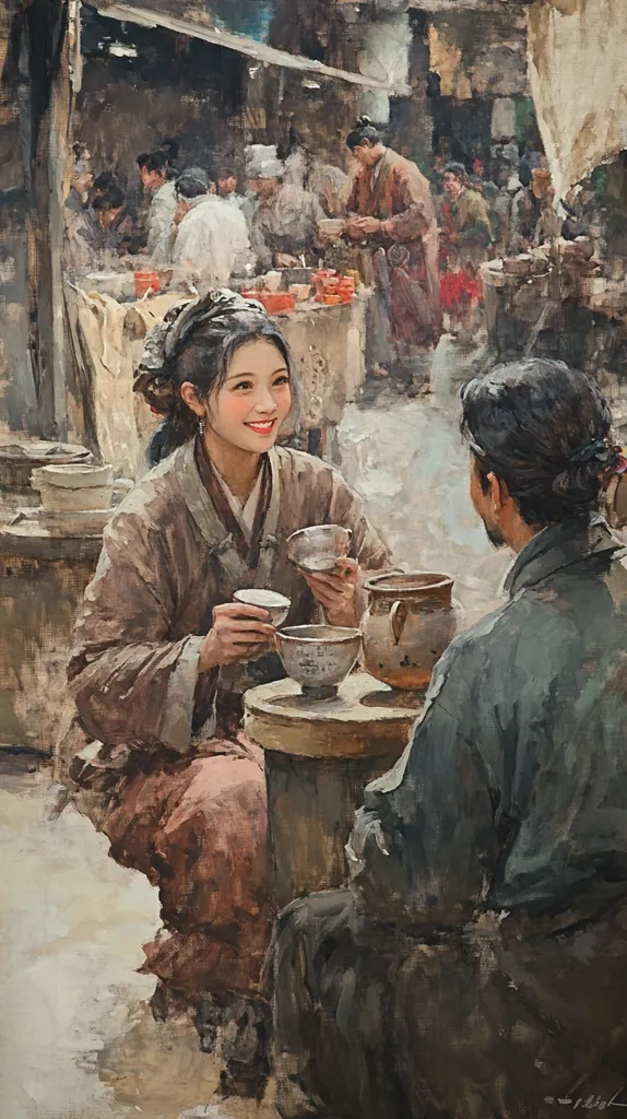 A young woman in traditional East Asian attire sits across from a man, both holding small bowls.  They appear to be sharing a drink in a bustling marketplace, depicted in a textured, impressionistic style.  The background is filled with other figures engaged in daily activities, creating a lively scene of everyday life. The painting evokes a sense of calm amidst the surrounding activity.