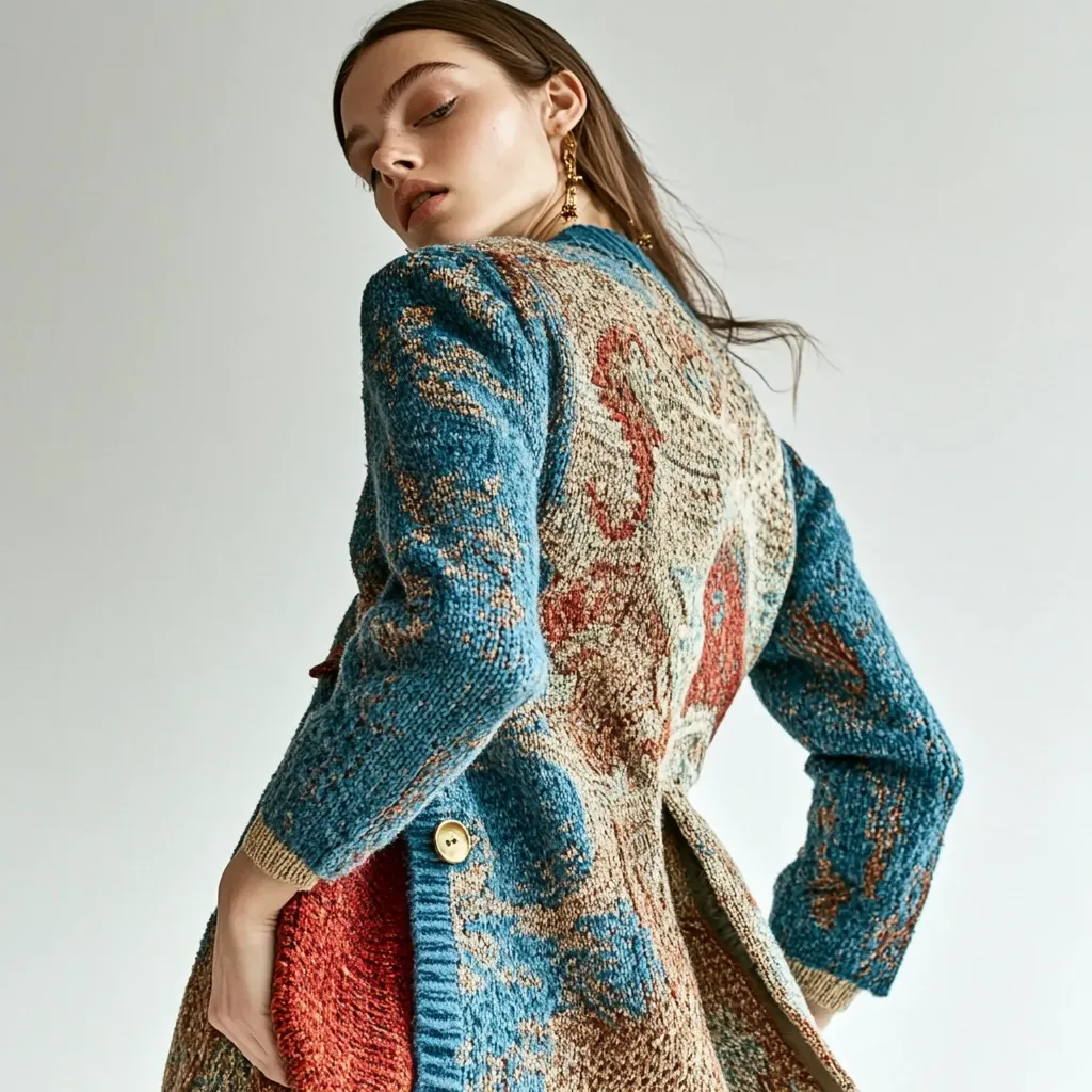 A model wears a teal and beige patterned knit cardigan, turned slightly away from the camera.  The cardigan features a unique, tapestry-like design and a high neckline.  Gold button detailing is visible on the side.  The model's long brown hair is partially visible, and she is wearing gold earrings.  A burnt orange accessory is partially visible in her hand.