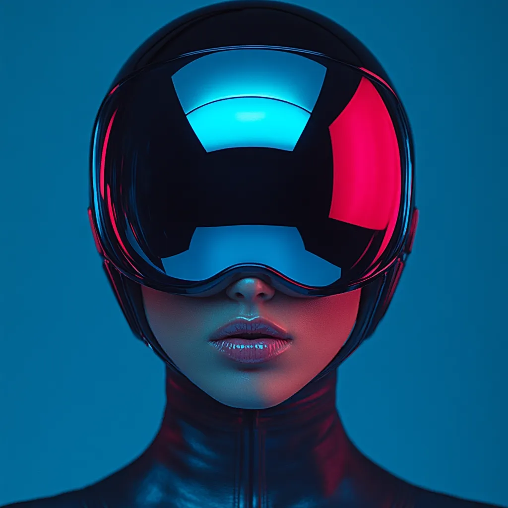 A close-up shot of a woman's face, partially obscured by a futuristic, glossy black helmet with a visor.  The helmet reflects vibrant blue and pink neon lights, creating a striking contrast against the dark clothing and the woman's pale skin. Her lips are subtly accentuated with glossy makeup. The overall aesthetic is cyberpunk and high-fashion.