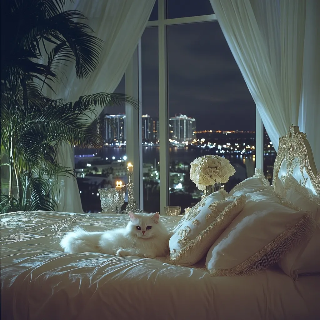 A fluffy white Persian cat rests on a luxurious bed, adorned with ornate pillows and a plush white comforter.  The bed is positioned before a large window offering a stunning nighttime cityscape view of glittering city lights across a body of water.  Candles and flowers add to the romantic ambiance of the elegant bedroom.