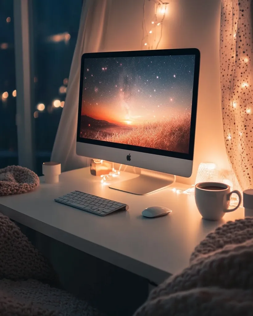 A cozy workspace is illuminated by warm string lights.  An iMac displays a captivating sunset and starry sky. A wireless keyboard and mouse sit neatly beside a steaming mug on a white desk. Soft knit blankets add to the inviting atmosphere, creating a serene and comfortable environment for work or relaxation.  The scene is bathed in soft, ambient lighting.