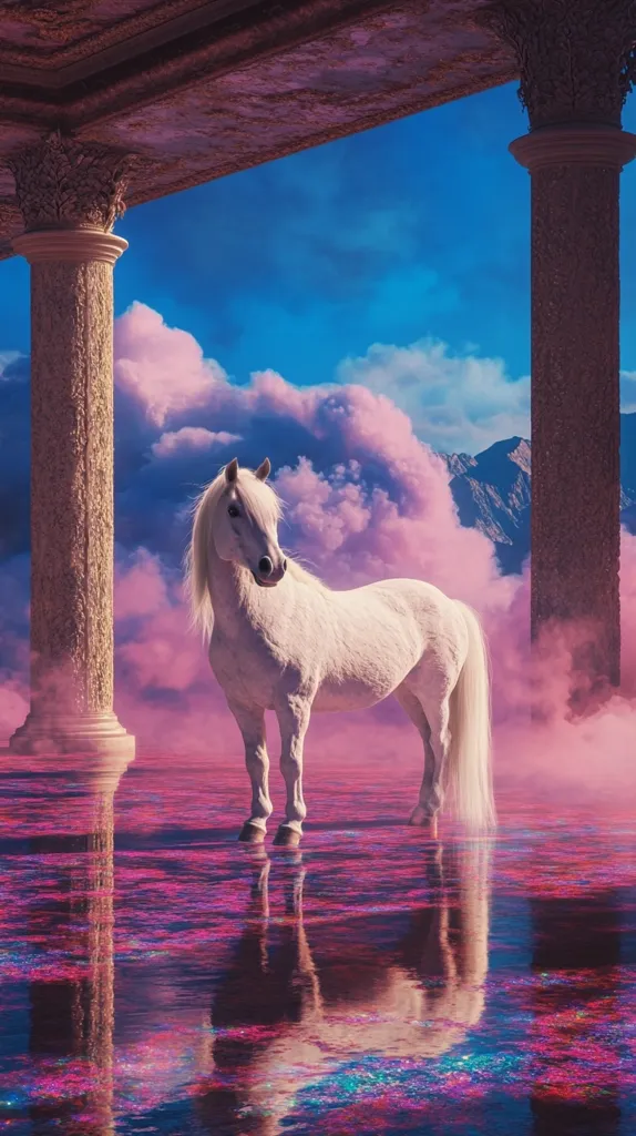 A white horse stands serenely in a surreal landscape.  Pink clouds fill the sky above a vibrant pink and purple reflective pool of water.  Ancient-looking columns flank the horse, creating a mystical, dreamlike atmosphere. The horse's reflection is clearly visible in the shimmering water, enhancing the ethereal quality of the scene.  Mountains are faintly visible in the distance, shrouded in soft pink mist.